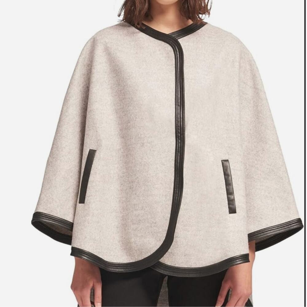 DKNY (XL) Faux Leather Trim Cape Poncho Jacket Gray Convertible Sleeve Wrap